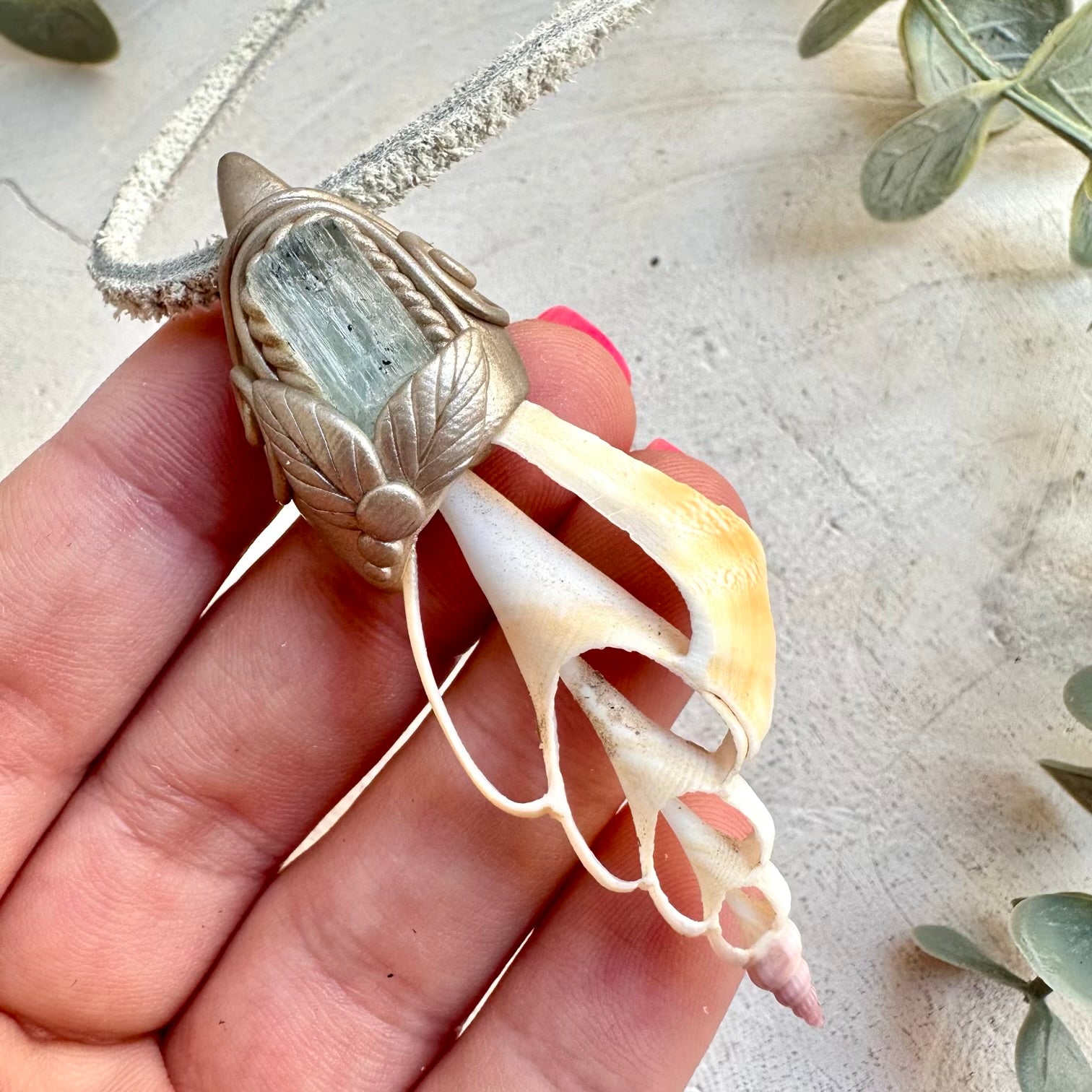 Handmade gemstone necklace aquamarine seashell slice