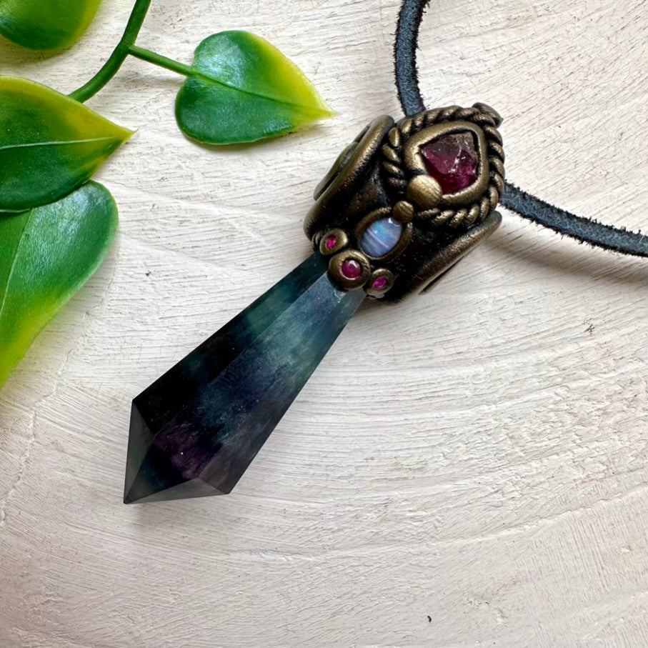 Handmade gemstone necklace featuring Fluorite, Garnet, Ruby and Opal