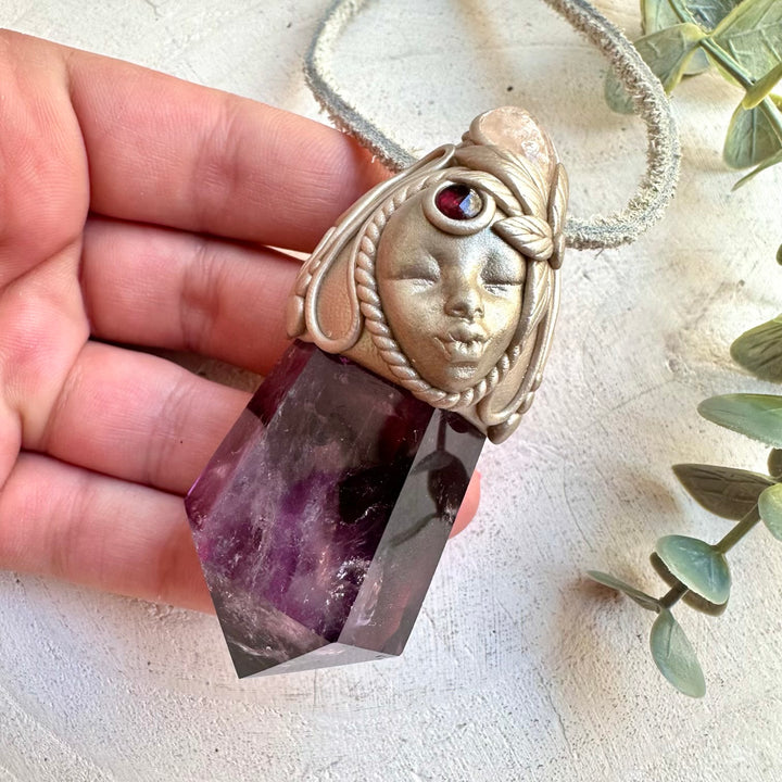Handmade goddess gemstone necklace with Morganite and Rhodolite Garnet