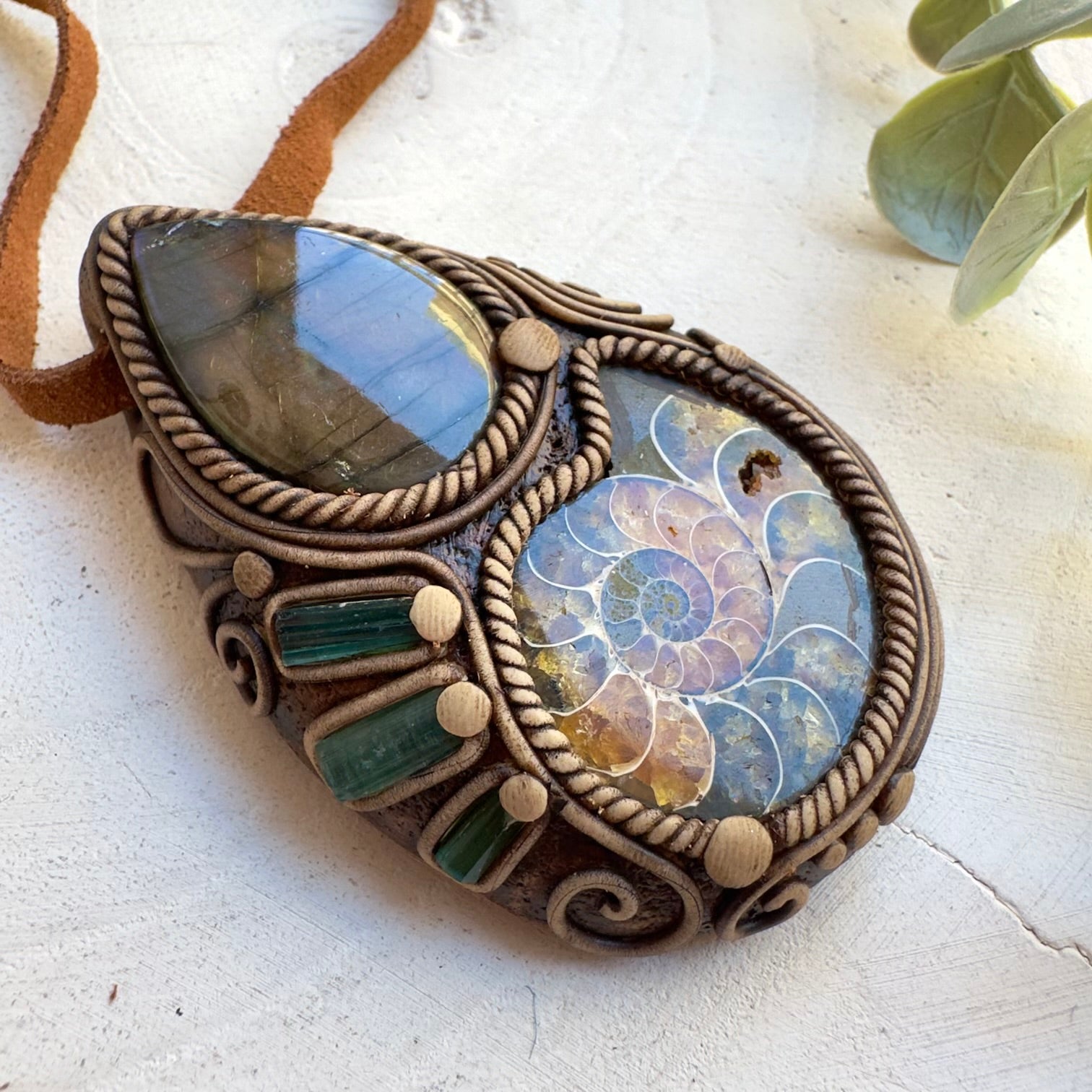 Handmade gemstone necklace with green tourmaline and labradorite