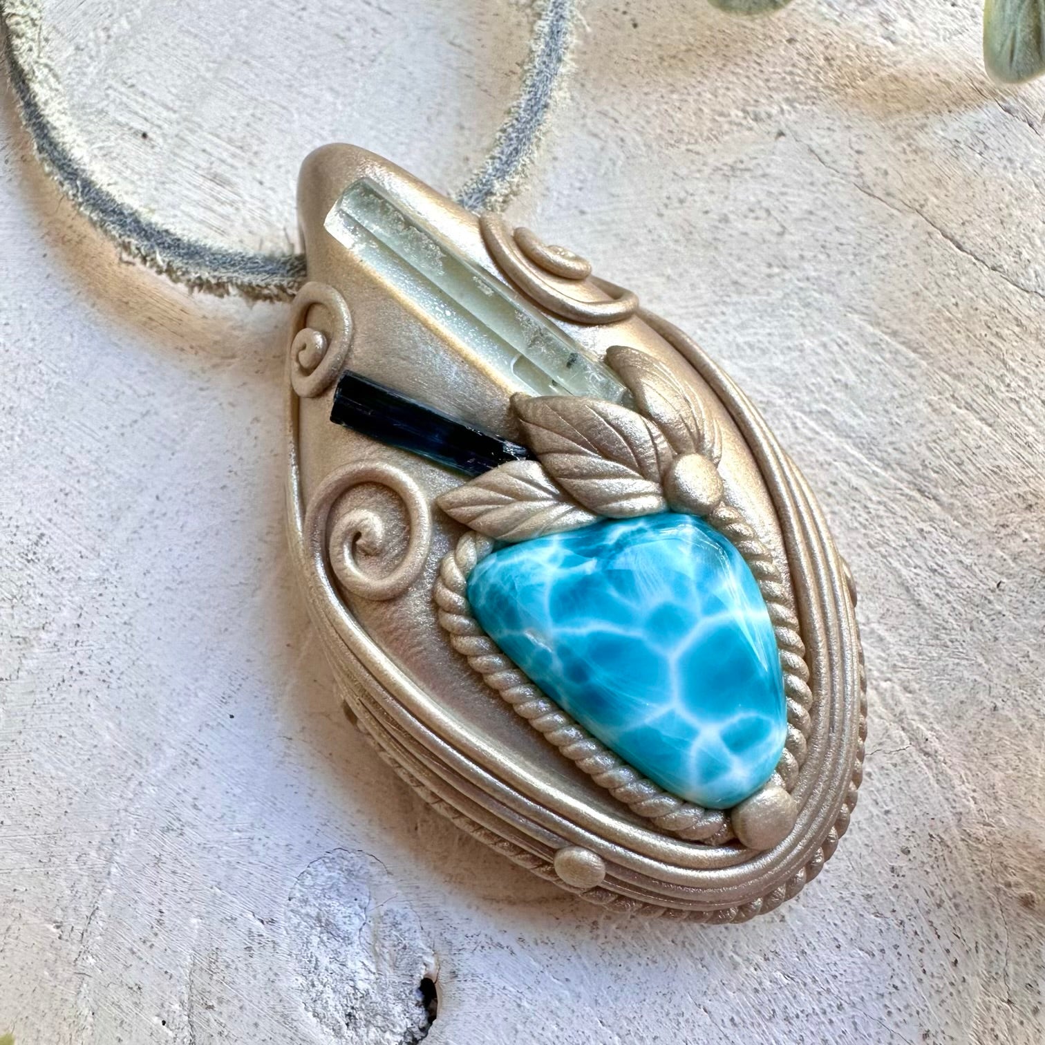 Handmade gemstone necklace with larimar aquamarine blue tourmaline