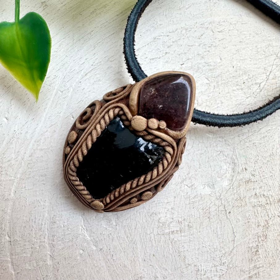 Black Obsidian and Strawberry Quartz Necklace - FairyGardenGlow