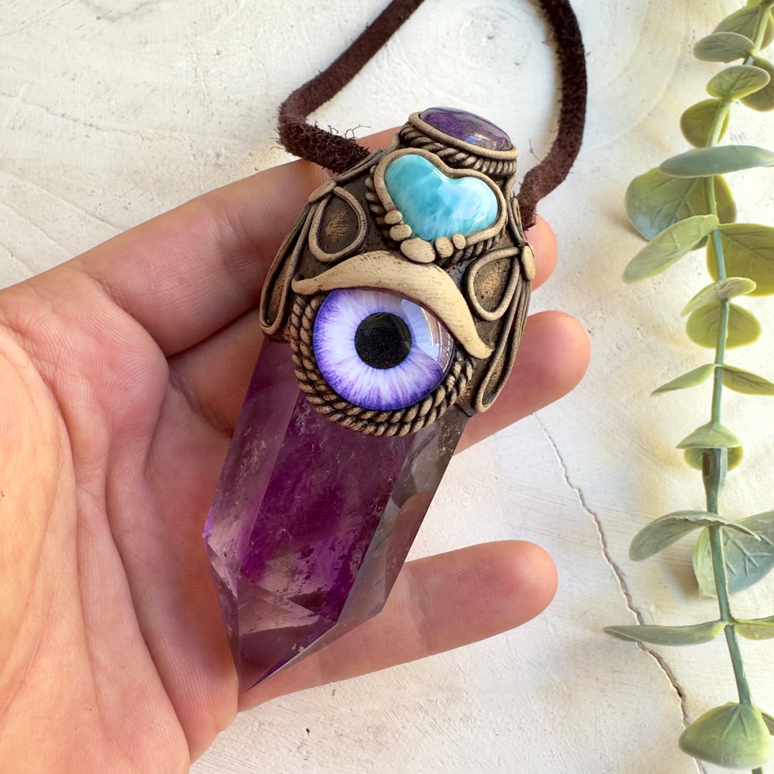 Handmade gemstone wand necklace for protection and intuition