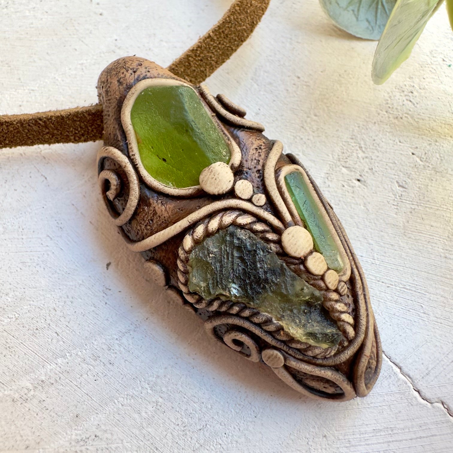 Handmade healing stone jewelry with Moldavite and Green Tourmaline