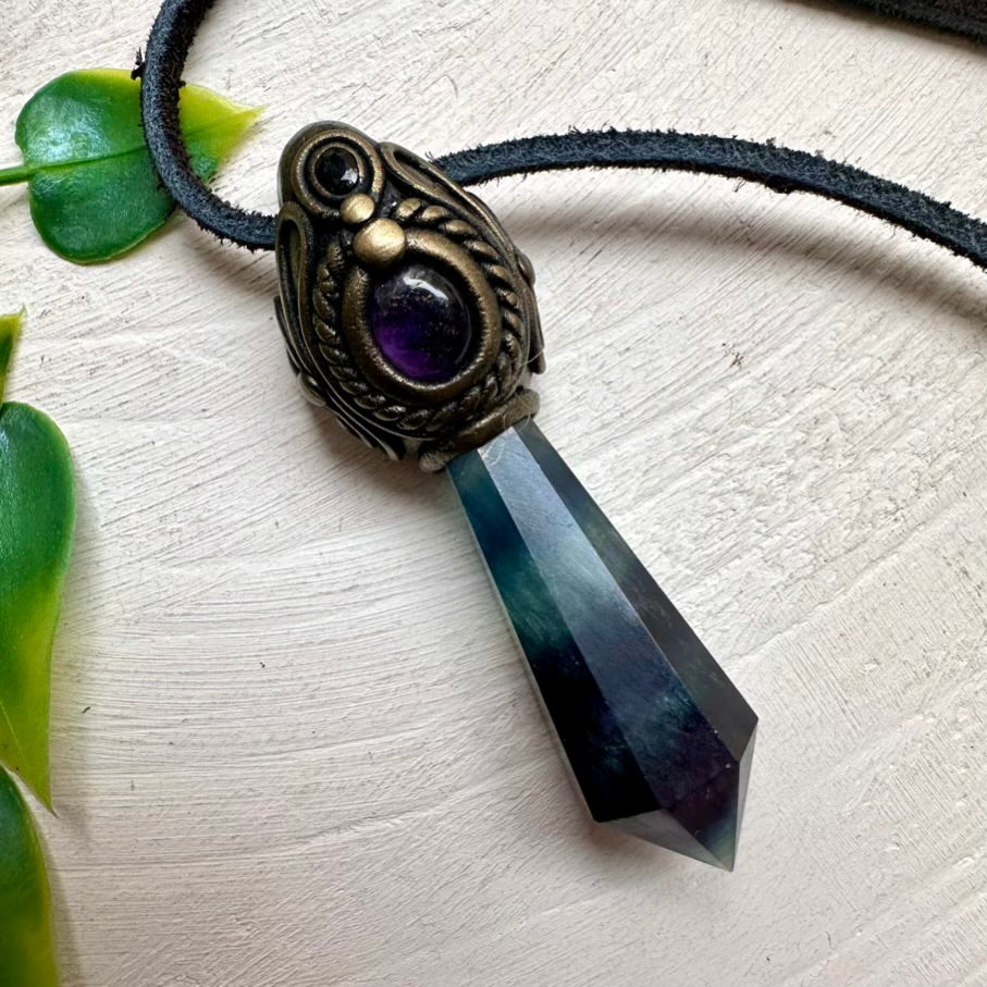 Handmade necklace with Rainbow Fluorite, Amethyst and Blue Sapphire