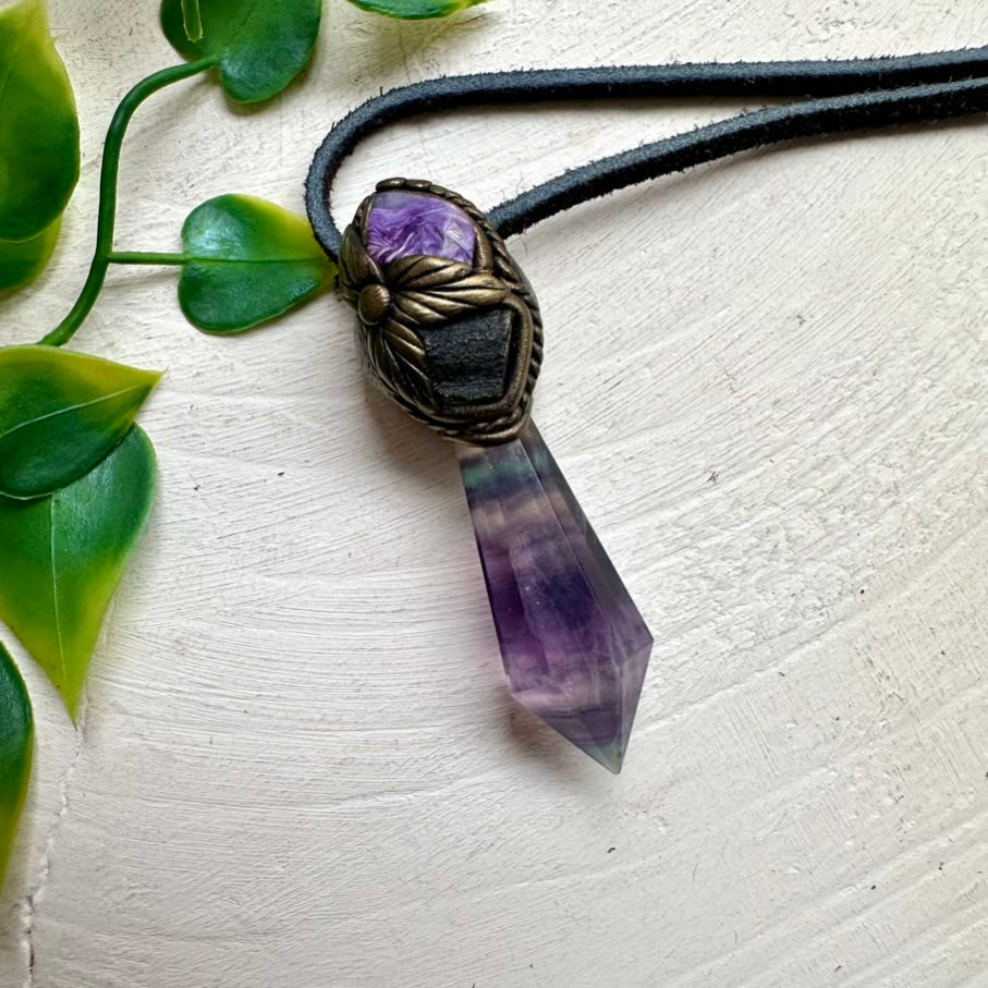 Handmade necklace with Rainbow Fluorite point, Moldavite and Charoite