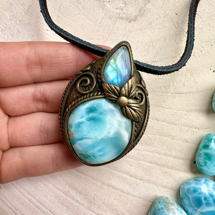 Handmade necklace with larimar and rainbow moonstone