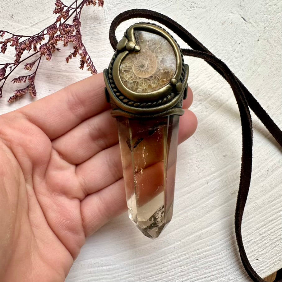 Handmade pendant with polished Citrine and Ammonite fossil