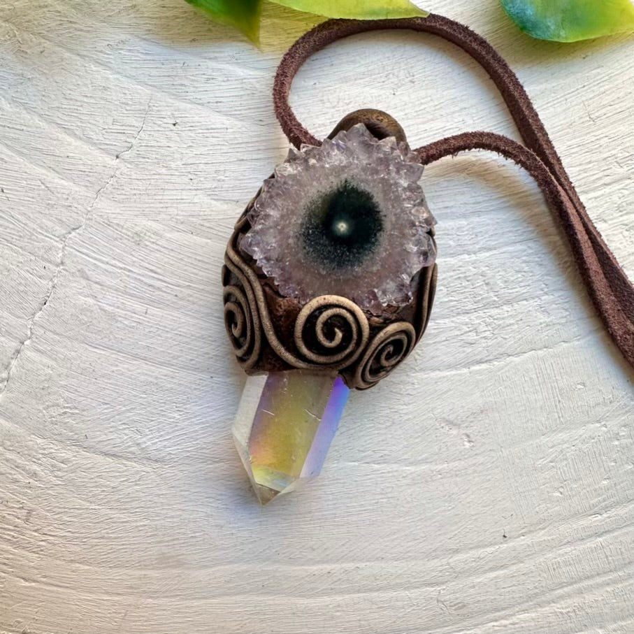 Angel Aura Quartz and Amethyst Stalactite Necklace - FairyGardenGlow