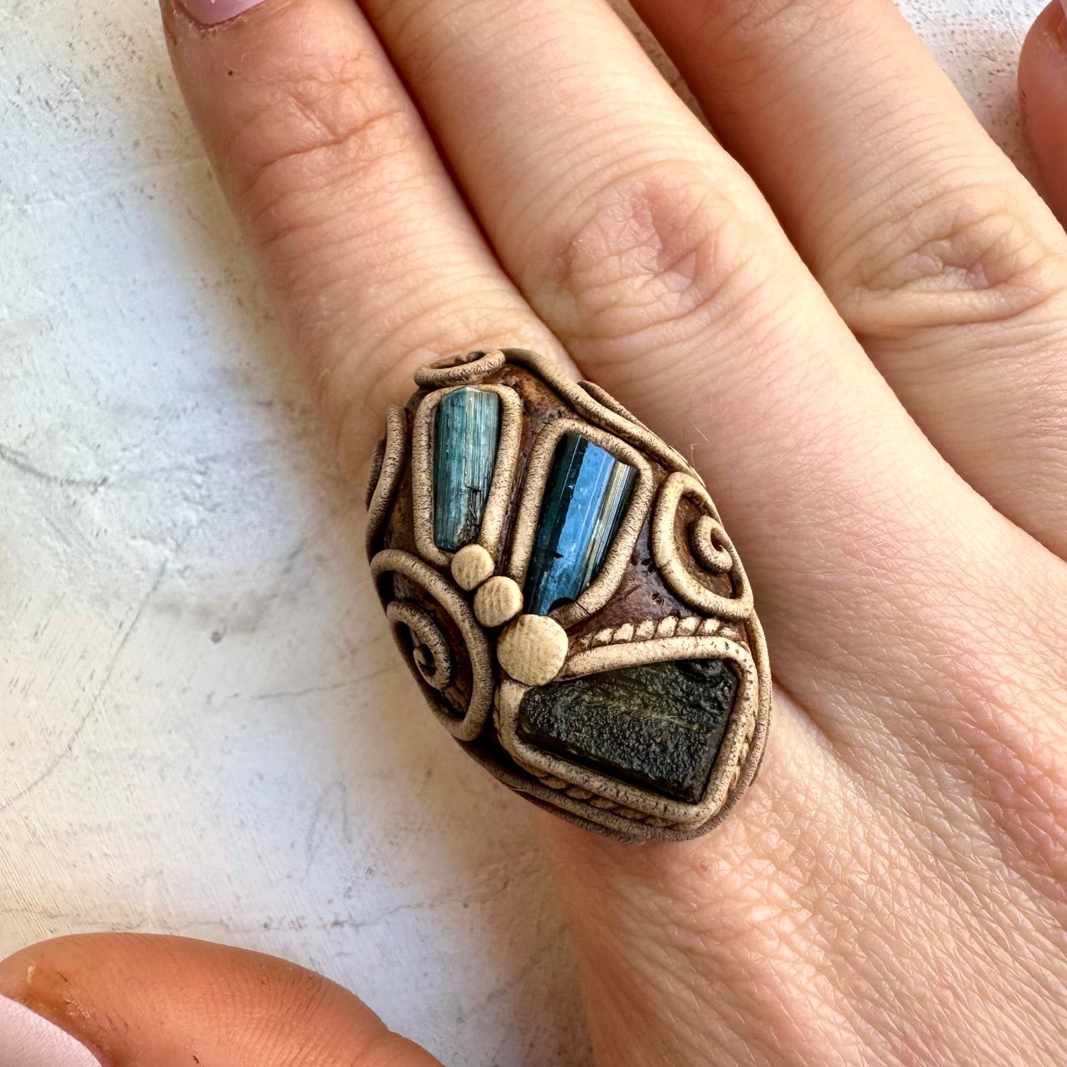 Handmade healing crystal ring moldavite and blue tourmaline