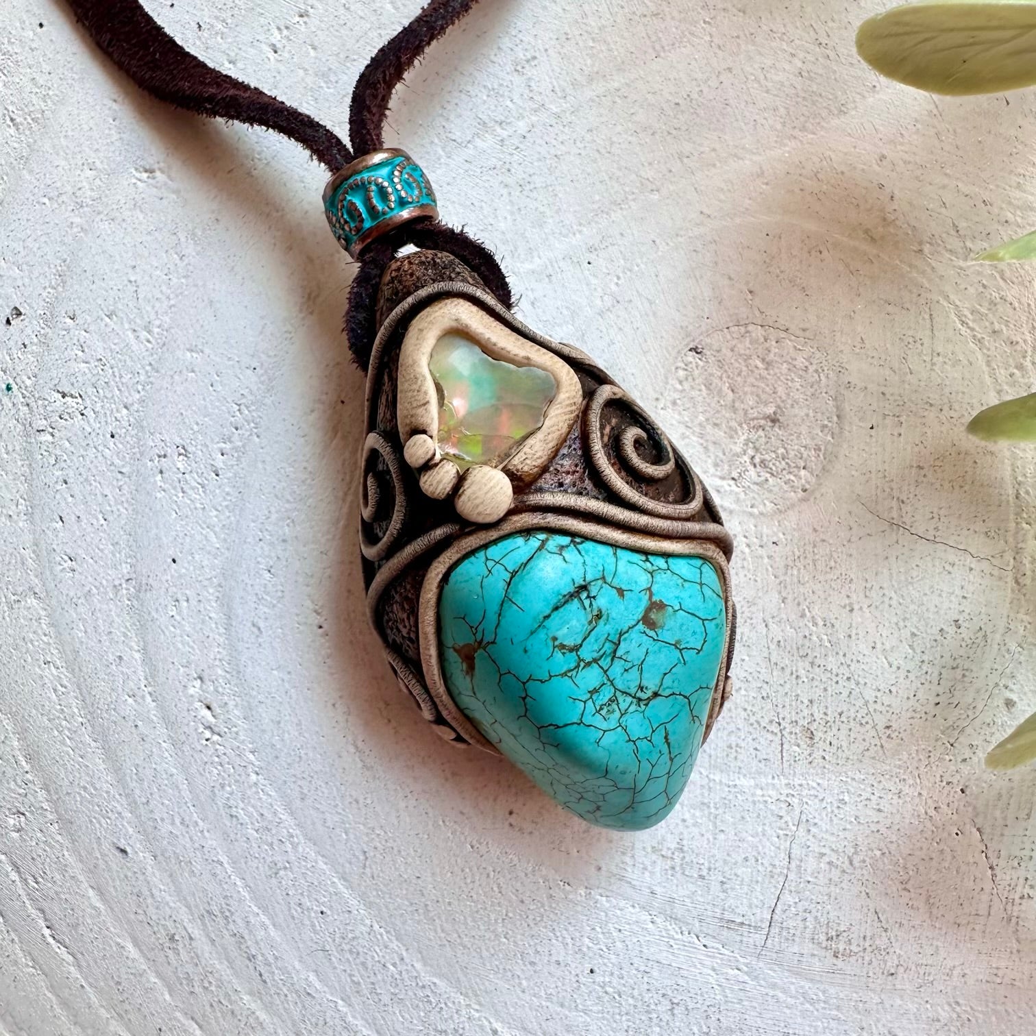 Handmade unisex gemstone necklace with turquoise and raw Ethiopian opal