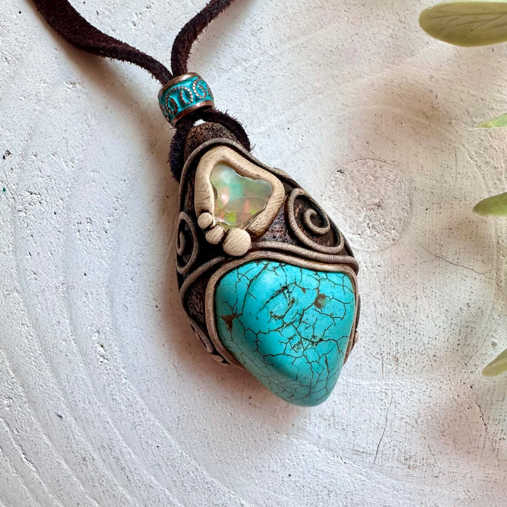 Handmade unisex gemstone necklace with turquoise and raw Ethiopian opal