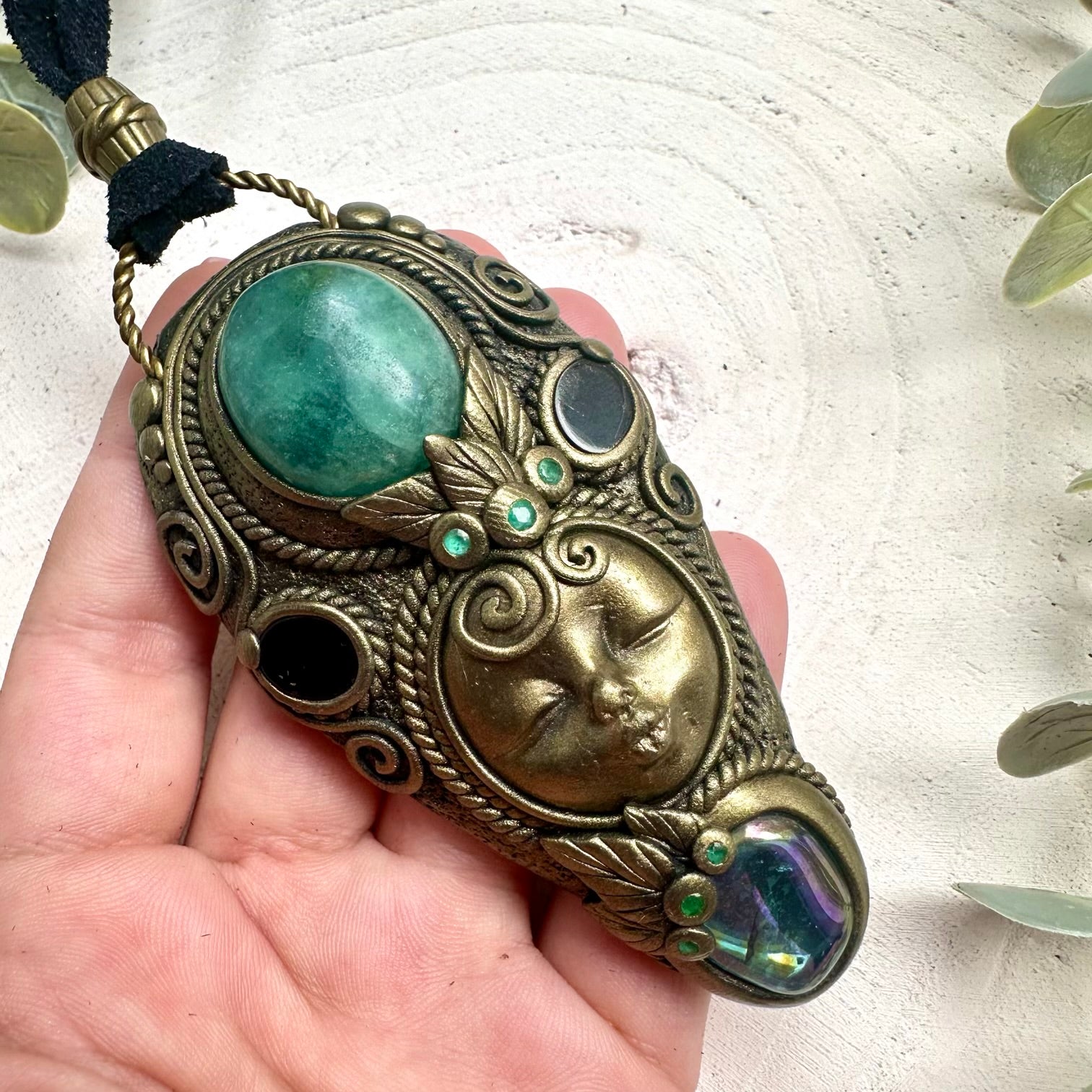 Goddess Crystal Necklace with Green Fluorite, Aqua Aura Quartz, Black Onyx & Emerald – Healing Crystal Jewelry, Divine Feminine Pendant