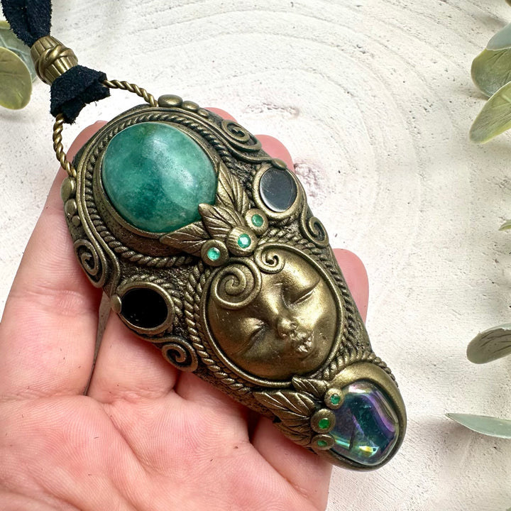 Goddess Crystal Necklace with Green Fluorite, Aqua Aura Quartz, Black Onyx & Emerald – Healing Crystal Jewelry, Divine Feminine Pendant