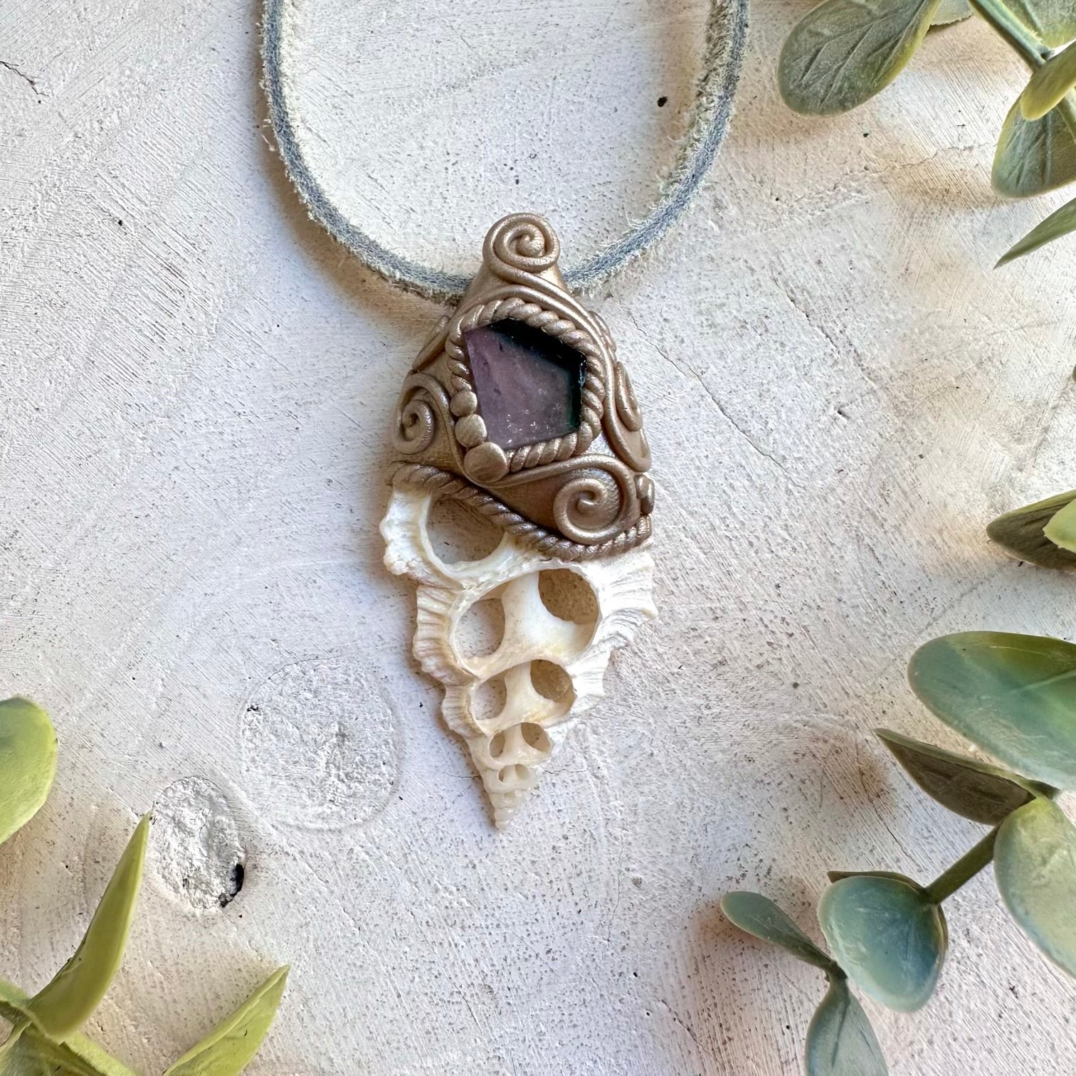 Seashell Slice & Bi-Color Tourmaline Necklace – Ocean & Earth Healing Crystal Jewelry, Natural Gemstone Pendant