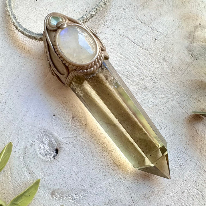 Healing Crystal Pendant with Citrine Point, Moonstone & Blue Topaz – Spiritual Necklace