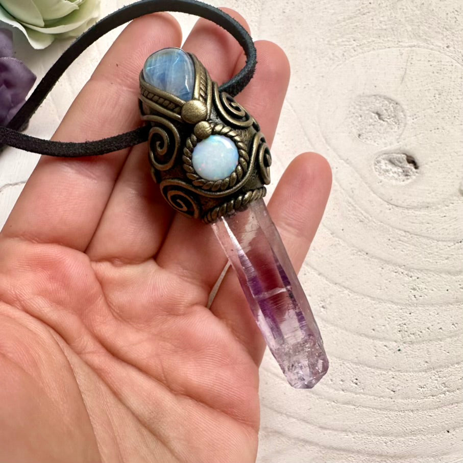 Healing Vera Cruz Amethyst, Australian Opal and Rainbow Moonstone pendant necklace, wearable spiritual crystal amulet handcrafted with love.