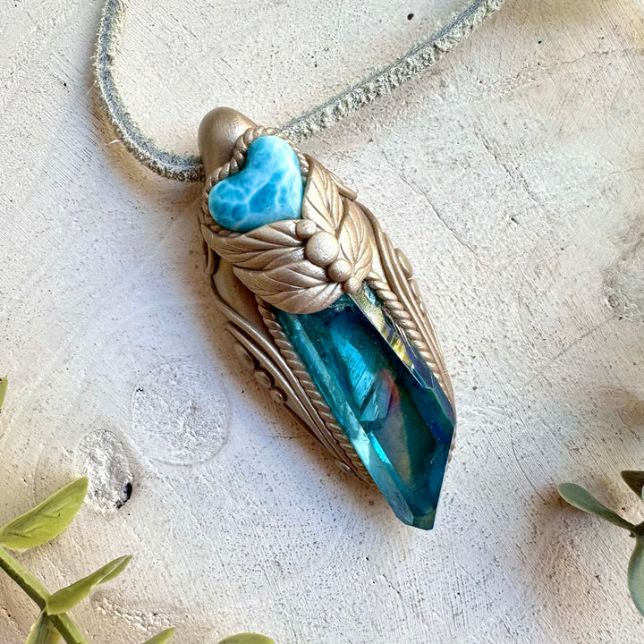 Healing crystal jewelry featuring Larimar heart and Aqua Aura Quartz