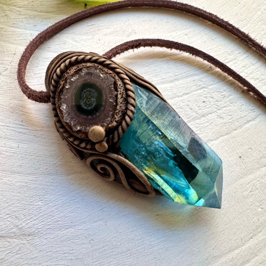 Aqua Aura Quartz and Amethyst Stalactite Pendant Necklace - FairyGardenGlow