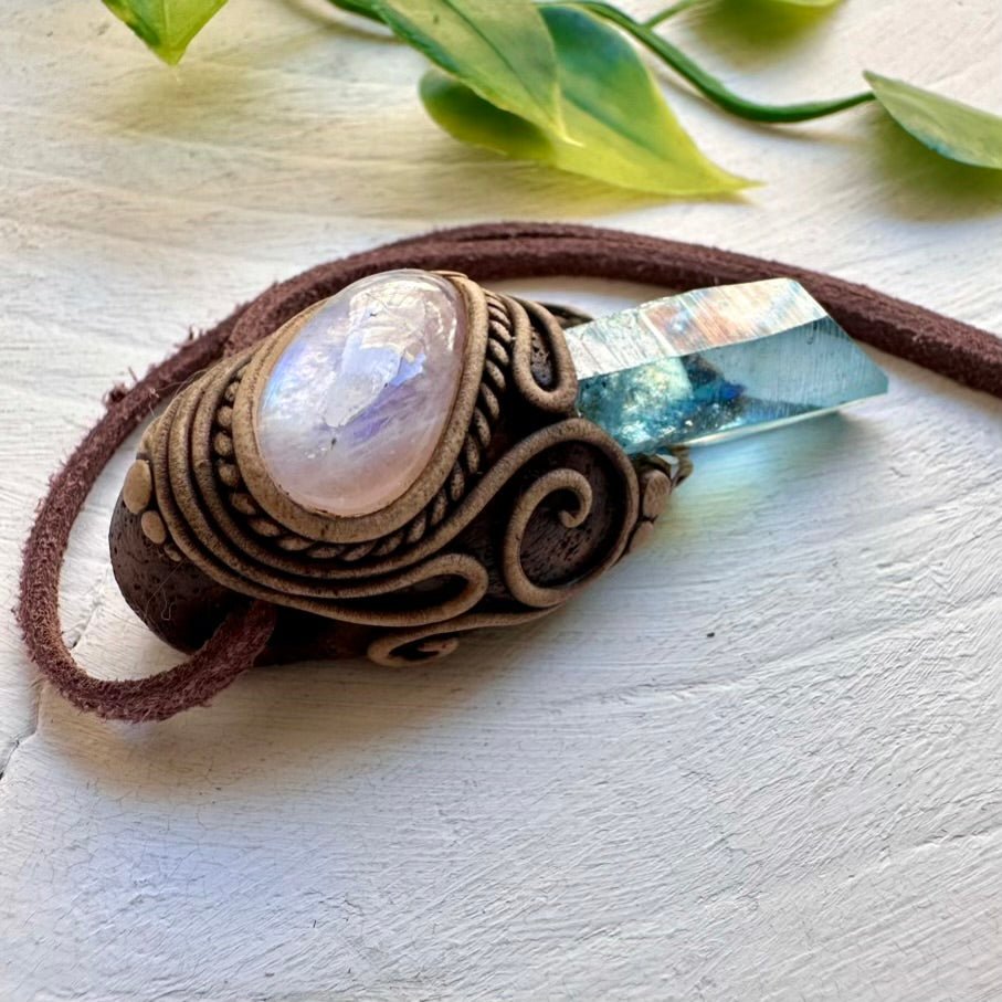 Rainbow Moonstone and Aqua Aura Quartz Necklace, Healing Crystal Jewelry - FairyGardenGlow