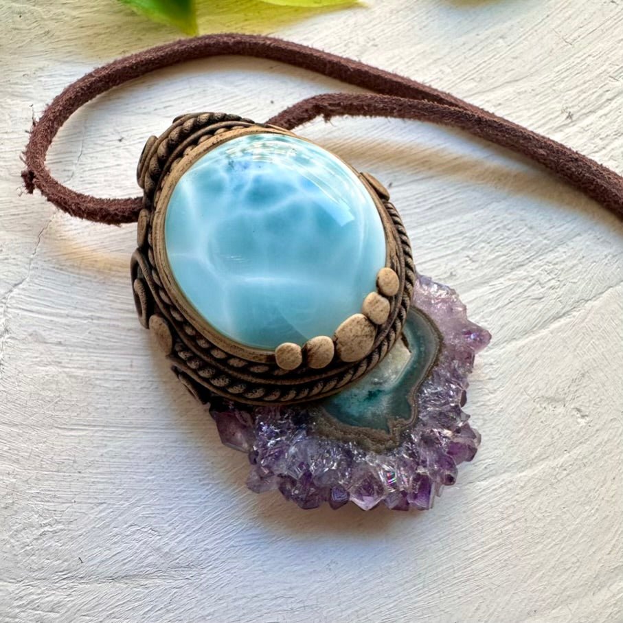 Larimar and Amethyst Stalactite Necklace, Unique Healing Crystal Jewelry - FairyGardenGlow