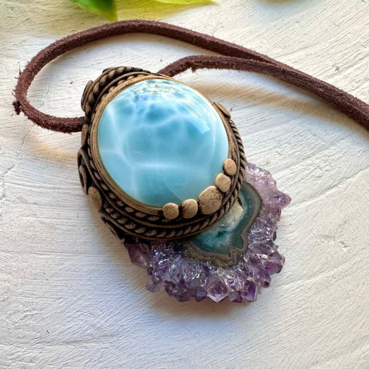 Larimar and Amethyst Stalactite Necklace, Unique Healing Crystal Jewelry - FairyGardenGlow