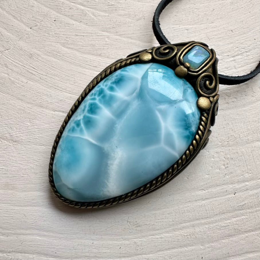Large Larimar and Australian Opal Crystal Necklace, Unique Gemstone Jewelry FairyGardenGlow