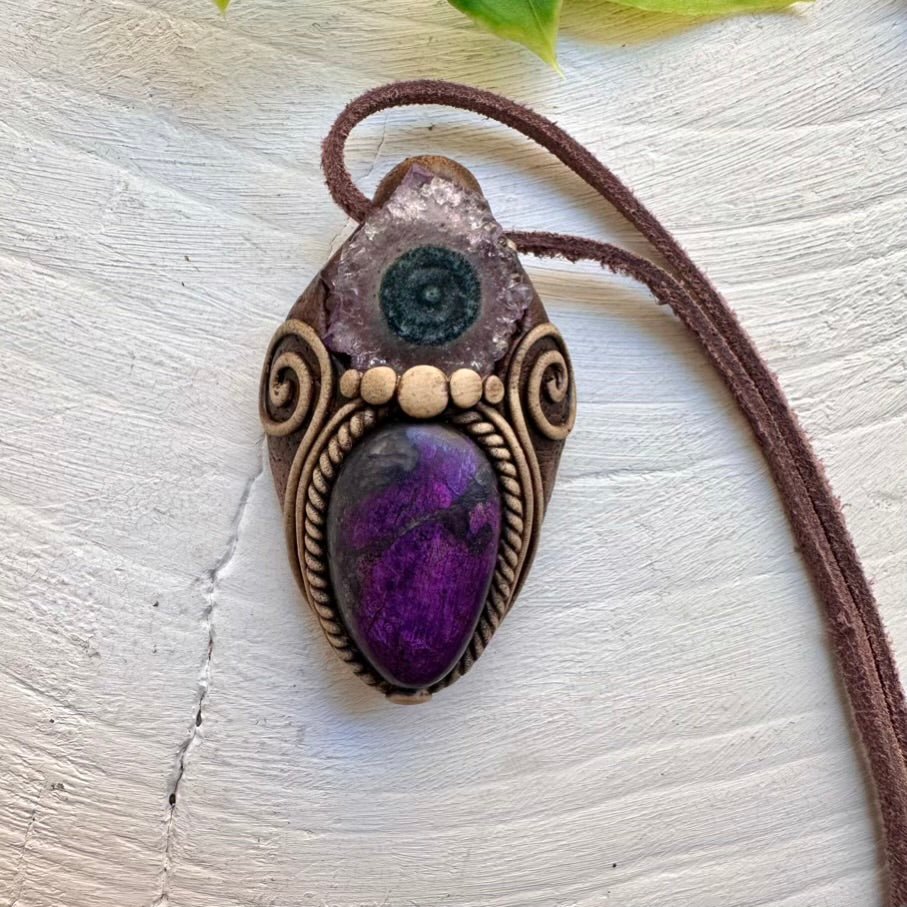 Purpurite and Amethyst Stalactite Pendant Necklace, Handmade Jewelry - FairyGardenGlow