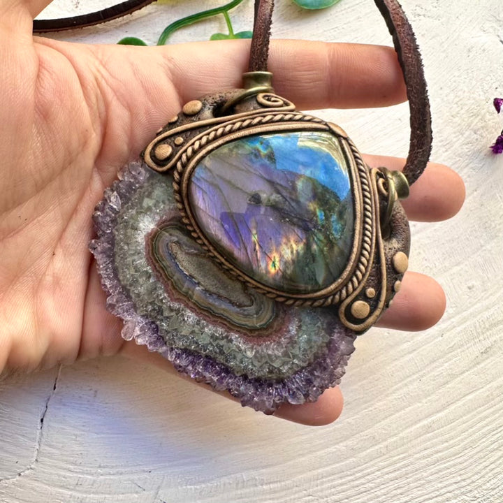 Healing crystal necklace featuring Amethyst Stalactite and Labradorite