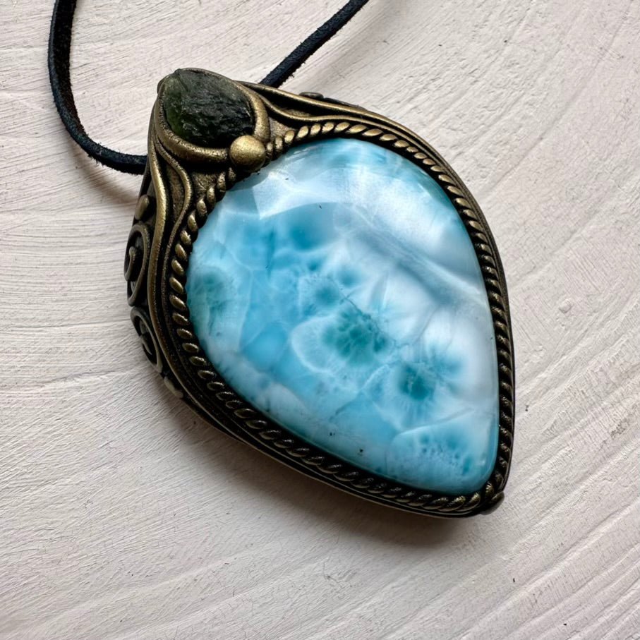 Large Larimar and Moldavite Pendant Necklace, Healing Crystal Jewelry FairyGardenGlow