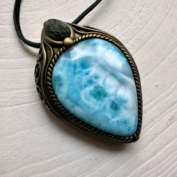 Large Larimar and Moldavite Pendant Necklace, Healing Crystal Jewelry FairyGardenGlow