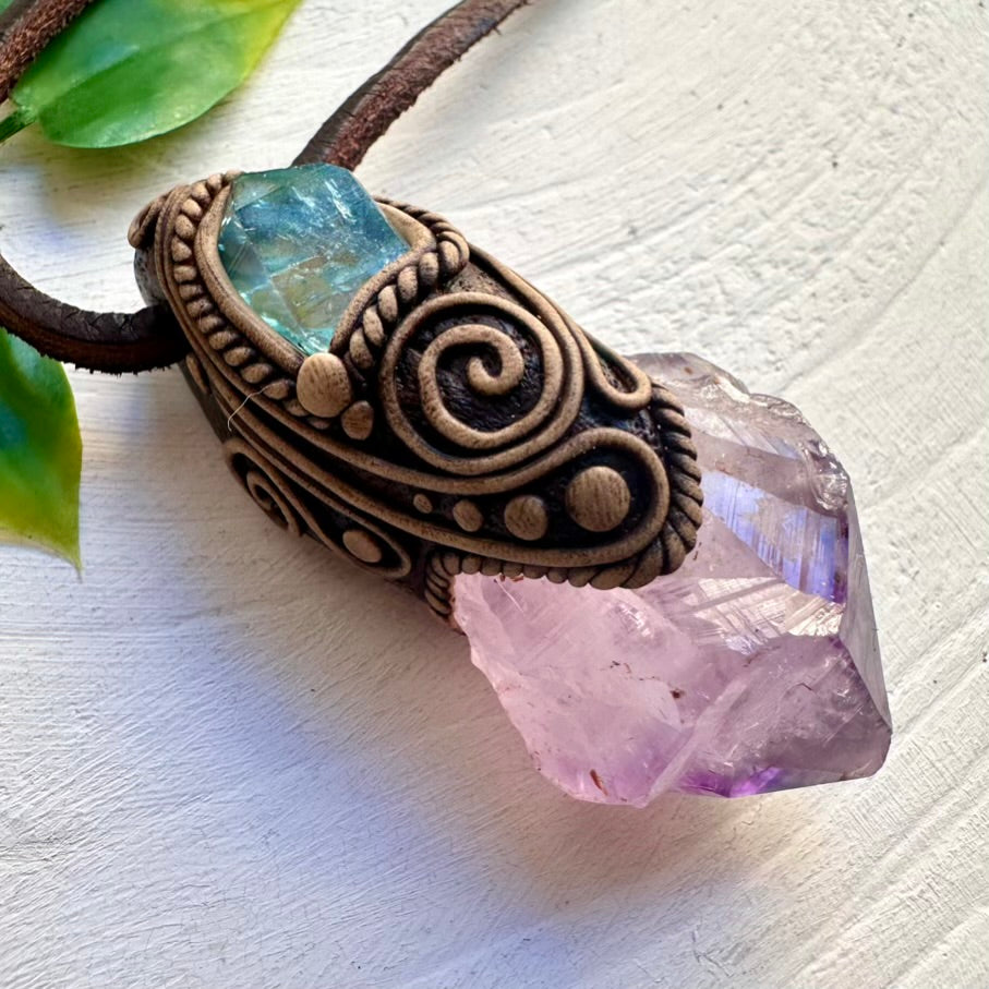 Healing crystal necklace with Amethyst and Aqua Aura Quartz