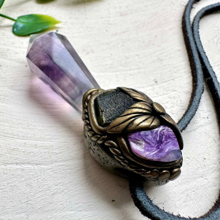 Healing crystal necklace with Rainbow Fluorite and Moldavite