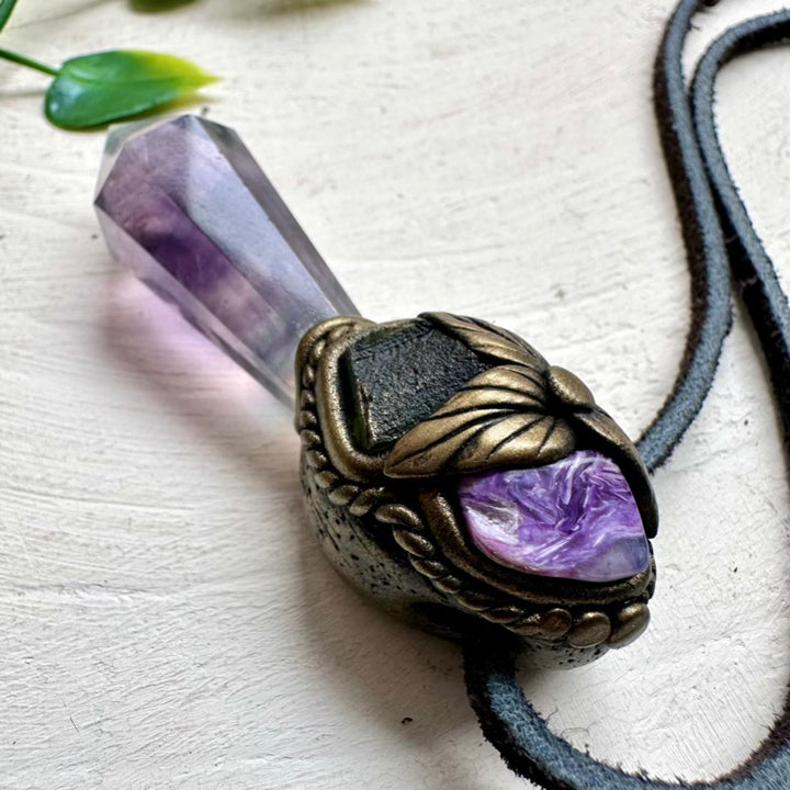 Healing crystal necklace with Rainbow Fluorite and Moldavite