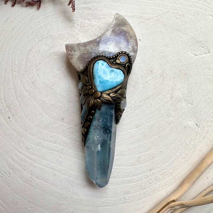 Healing crystal wand with Aqua Aura Quartz, Moonstone and Larimar