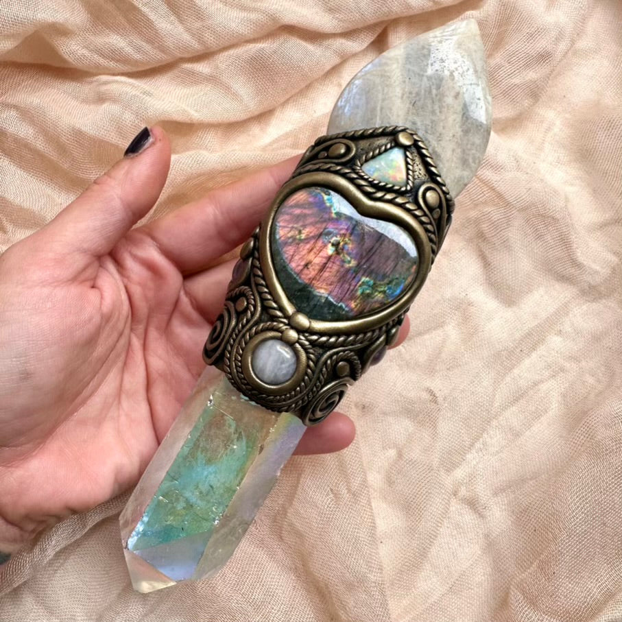 Healing crystal wand with Rose Quartz, Amethyst and Angel Aura Quartz