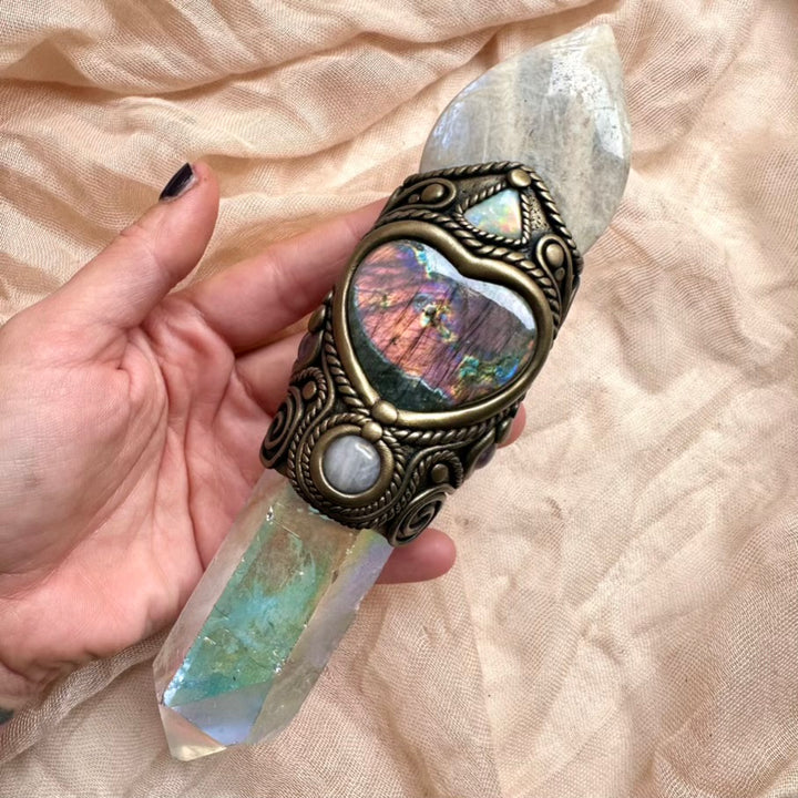 Healing crystal wand with Rose Quartz, Amethyst and Angel Aura Quartz