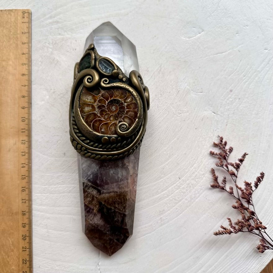 Healing energy tool with Super Seven Quartz and Ammonite fossil