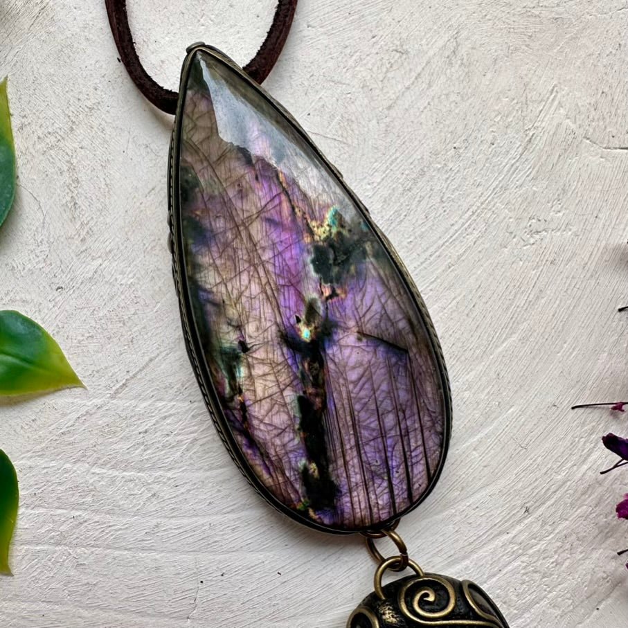 Large Labradorite and Stichtite Pendant Necklace, Statement Gemstone Jewelry FairyGardenGlow