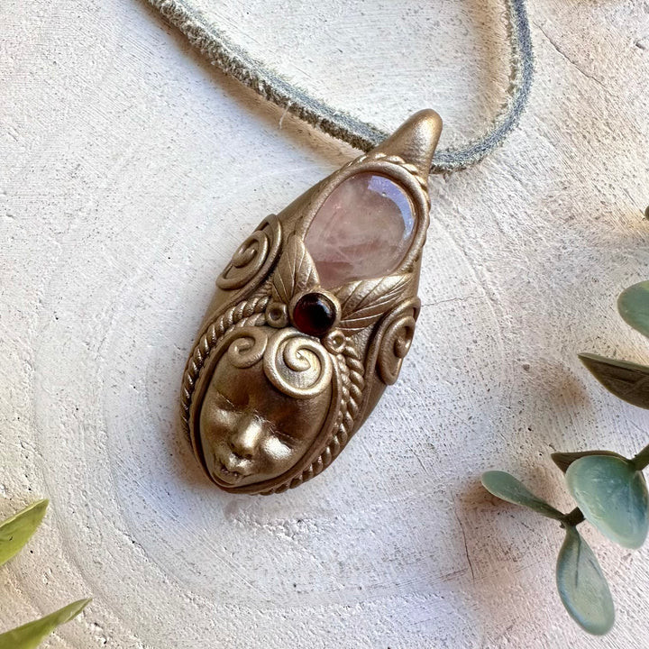 Heart Healing Crystal Necklace with Rose Quartz and Rhodolite Garnet – Feminine Energy Jewelry