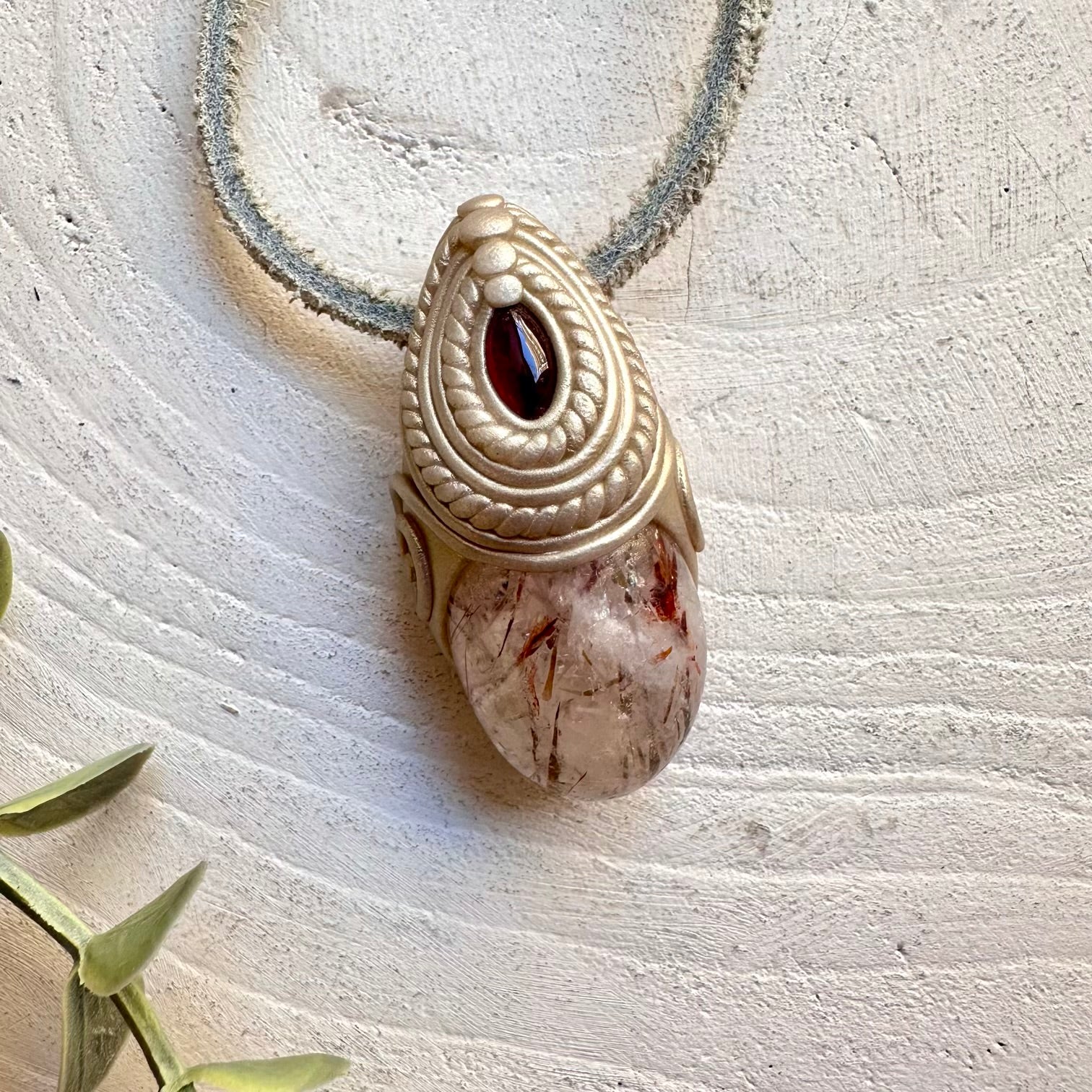 Hematite Quartz and Rhodolite Garnet pendant necklace handmade
