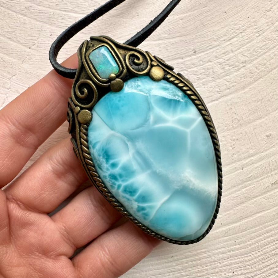 Large Larimar and Australian Opal Crystal Necklace, Unique Gemstone Jewelry FairyGardenGlow