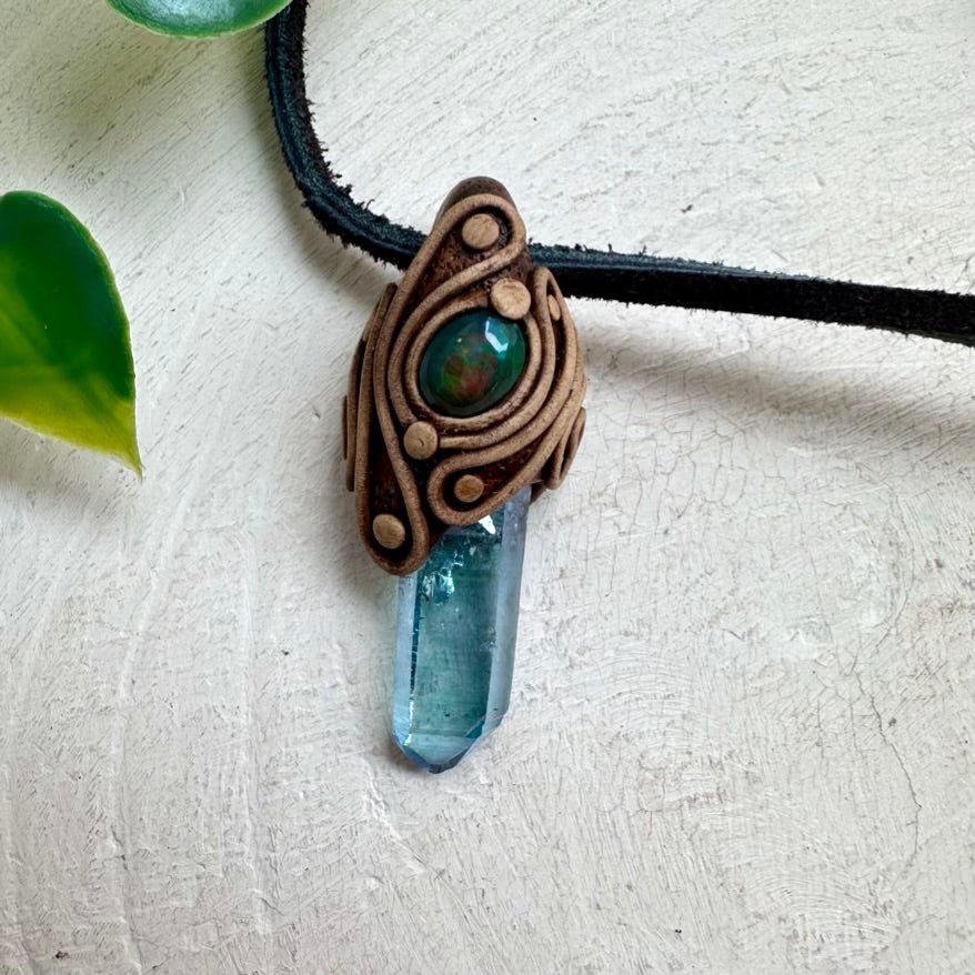 Aqua Aura Quartz and Black Ethiopian Opal Pendant Necklace - FairyGardenGlow