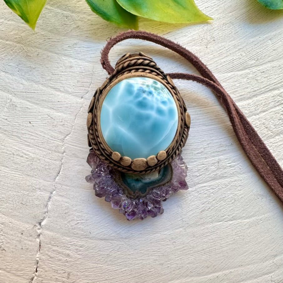 Larimar and Amethyst Stalactite Necklace, Unique Healing Crystal Jewelry - FairyGardenGlow