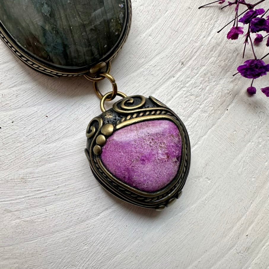 Large Labradorite and Stichtite Pendant Necklace, Statement Gemstone Jewelry FairyGardenGlow