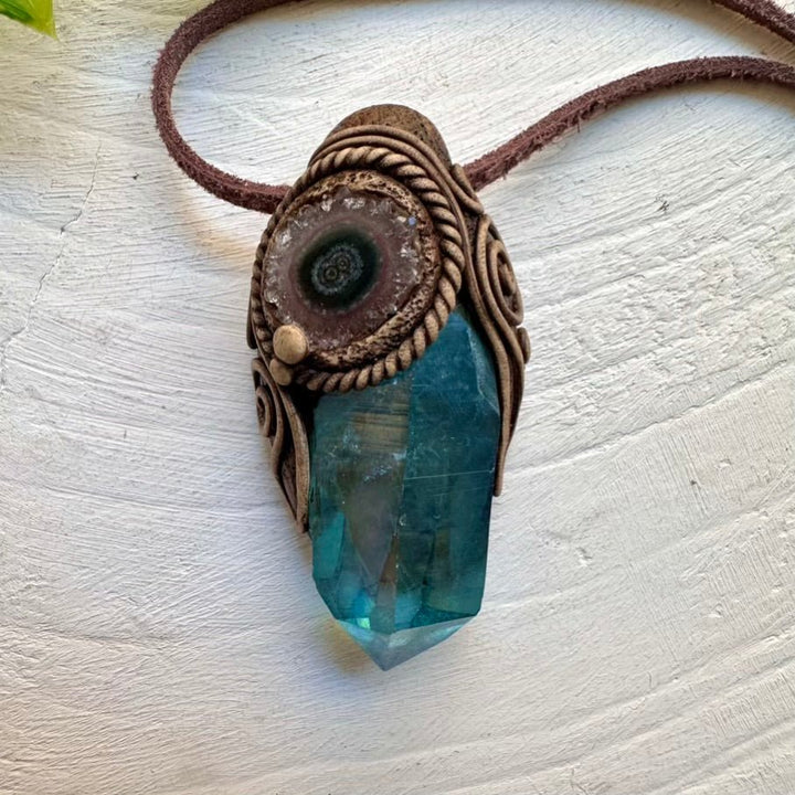 Aqua Aura Quartz and Amethyst Stalactite Pendant Necklace - FairyGardenGlow