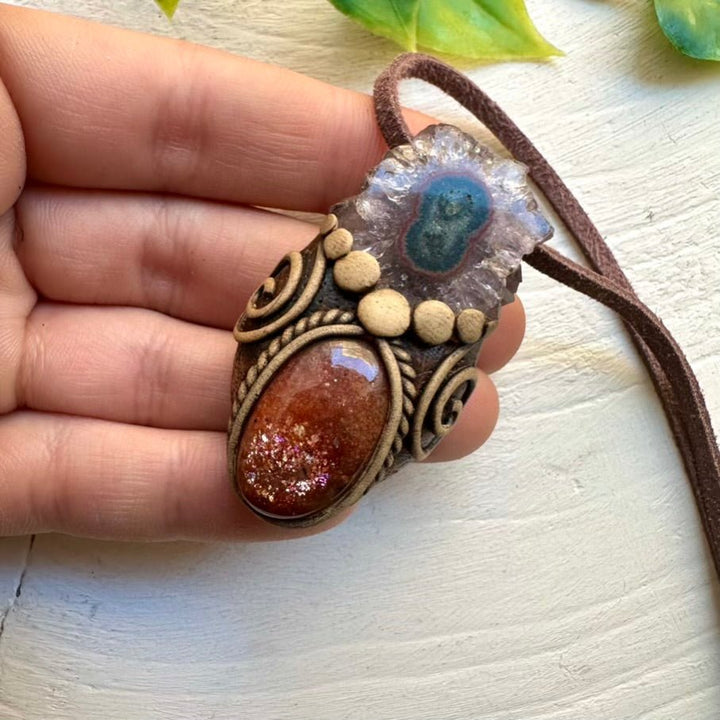 Sunstone and Amethyst Stalactite Pendant Necklace, Handmade Boho Jewelry - FairyGardenGlow
