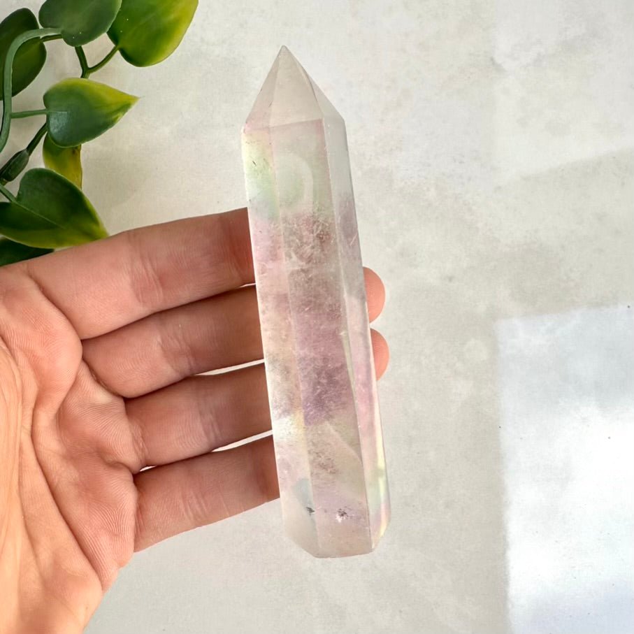Angel Aura Quartz Tower – Polished Aura Quartz Crystal Point for Healing, Peace & High Vibration Energy - FairyGardenGlow