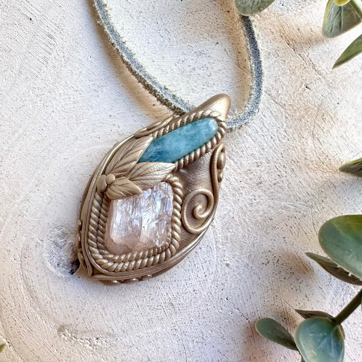 Kunzite Necklace with Aquamarine – Healing Crystal Jewelry, Handmade Gemstone Pendant