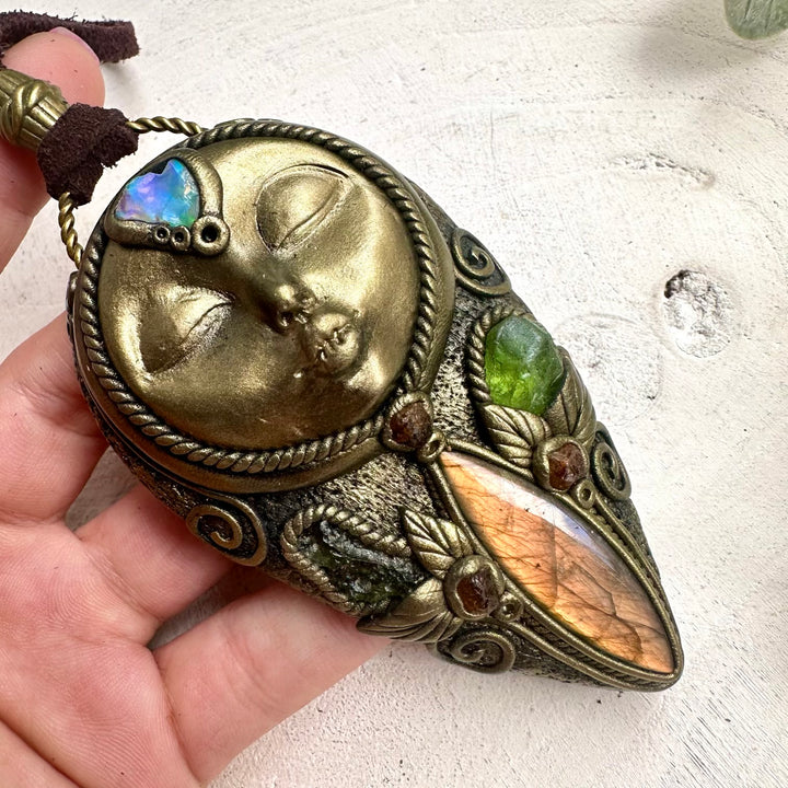Labradorite Goddess Amulet Necklace with Moldavite, Opal & Garnet – Healing Crystal Jewelry